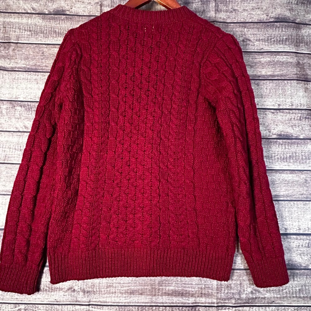 LL Bean Womens Merino Wool Cable Knit Cardigan Sweater Burgundy Red Ireland M - Picture 5 of 9